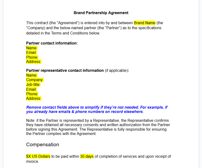 Twitter Influencer contract agreement template