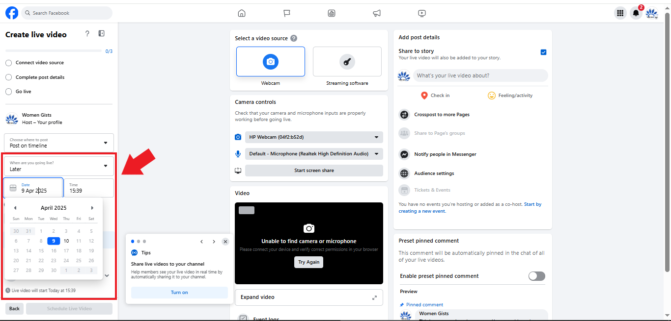 Scheduling Facebook Live stream