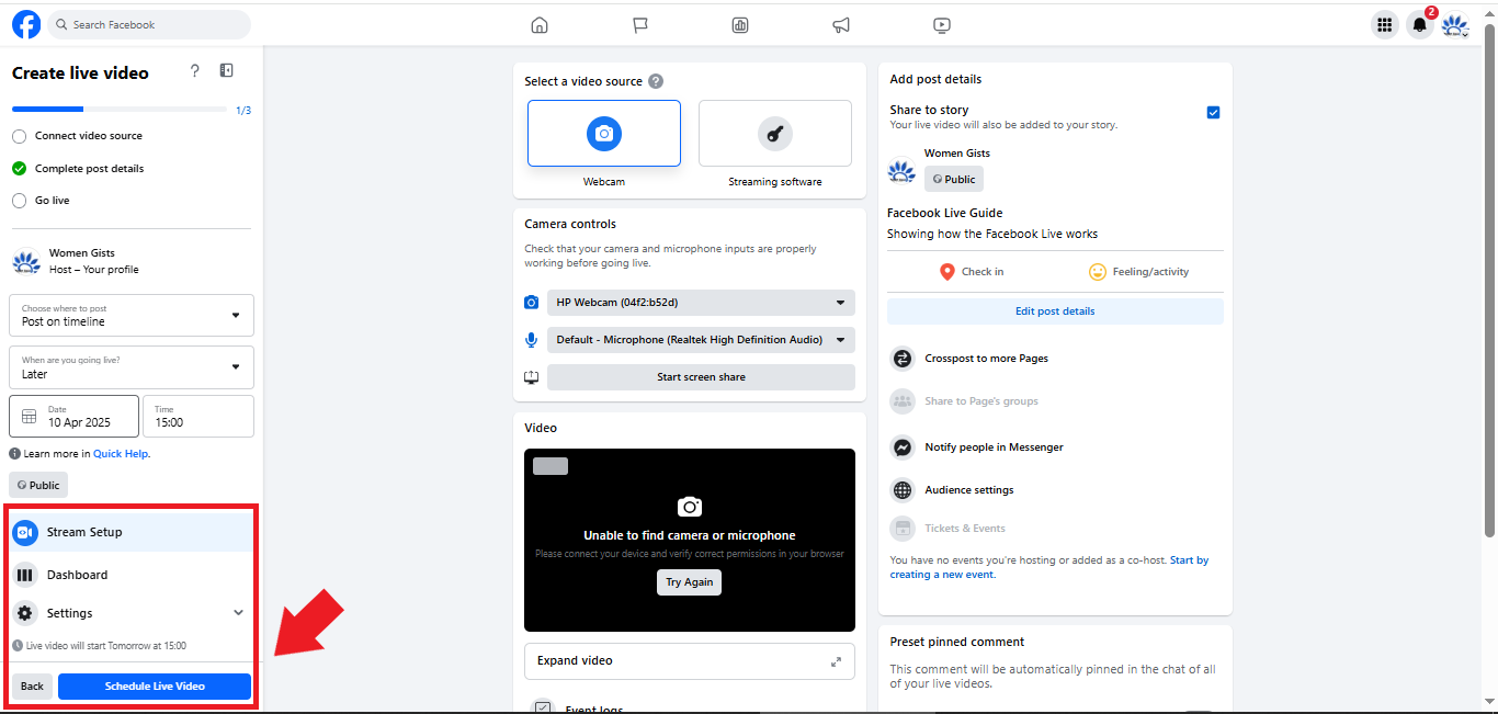 Scheduling Facebook Live stream