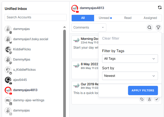 Manage comments for multiple YouTube channels